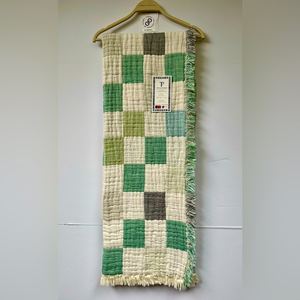 🎁Texteis Penedo Throw Blanket -Cotton- Reversible, Multi Striated Green Check
